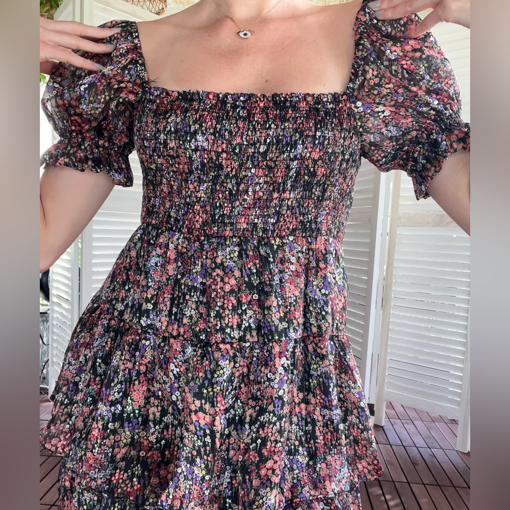 Worn only ONCE! Stylish, black with flower detail long dress, tie back!